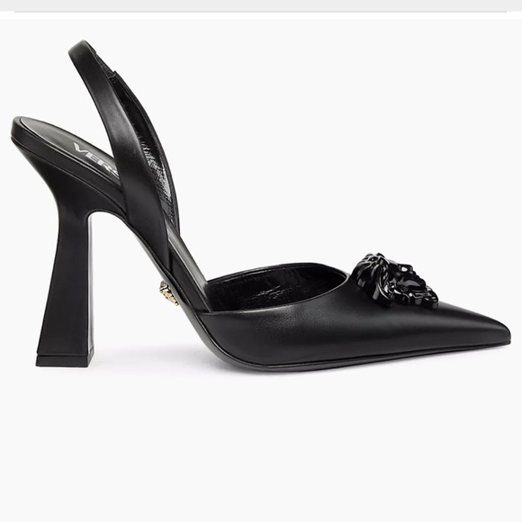 Versace Shoes - Versace Black Slingback Pointed Toe Heels with Medusa Chain